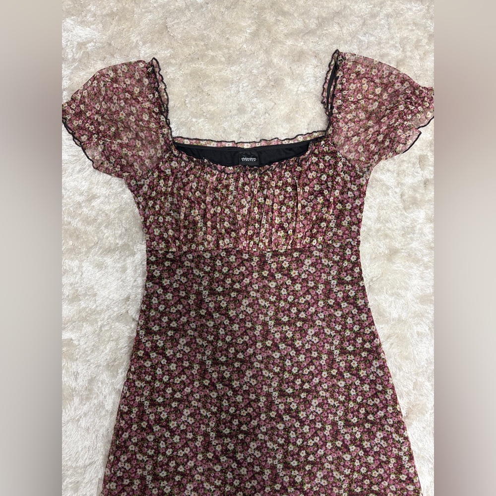 Vintage 90s Grunge Pink Floral Mesh Puff Sleeve Dress Juniors M / Women’s S